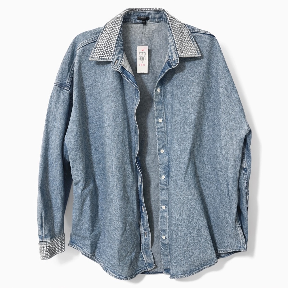 Express Light Wash Denim Button-Down Shirt with Embellished Collar